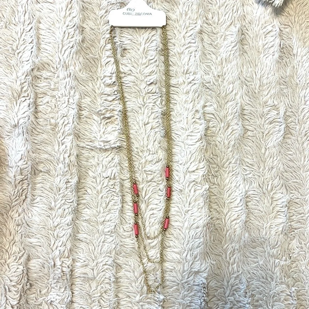 2/$15 - Gold & Pink Multi Chain Drop Necklace | Layered Beaded Statement - Picture 3 of 3